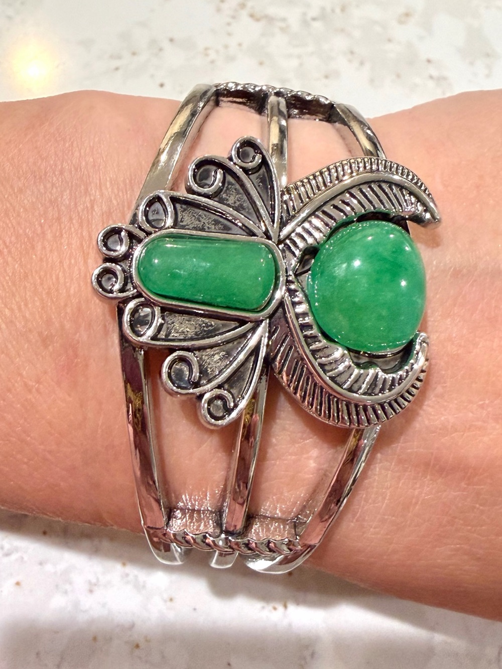 Green Stone Silver Cuff Bracelet - Women Jewelry